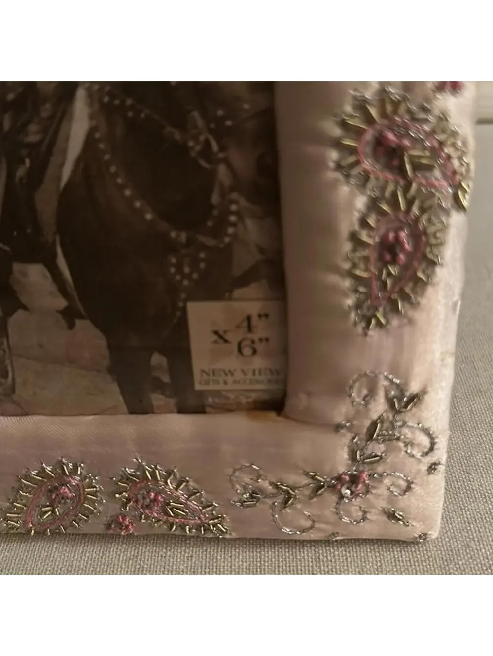 New View handmade embroidered and jewel detailed satin 4x6 picture NWT
